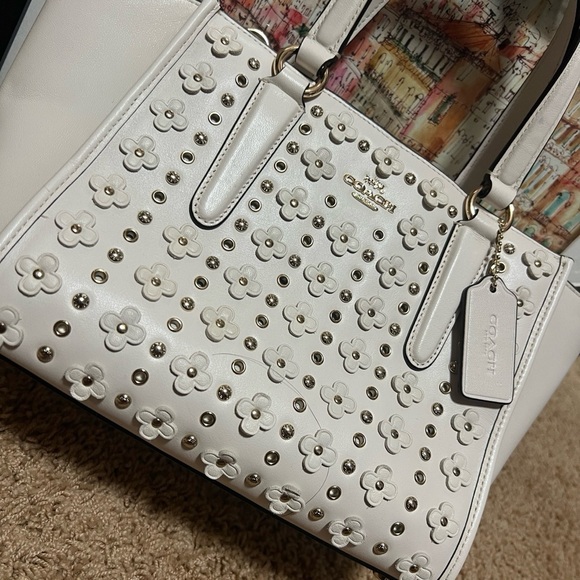NWT Coach Mini Crosby Carryall Floral Rivets Chalk White Leather 